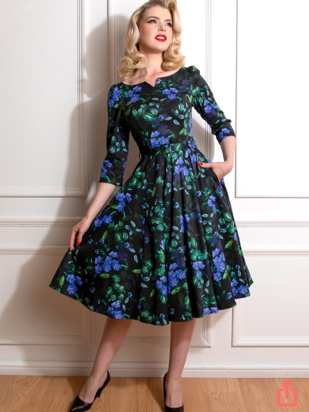 Black Floral Fit-and-Flare Midi Dress with Blue & Green Print - XXL (Size 14)